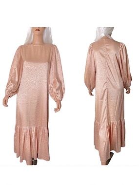 URBAN MODESTY Rose Gold Boho Leopard Satin Long Sleeve Tiered Midi Dress Small